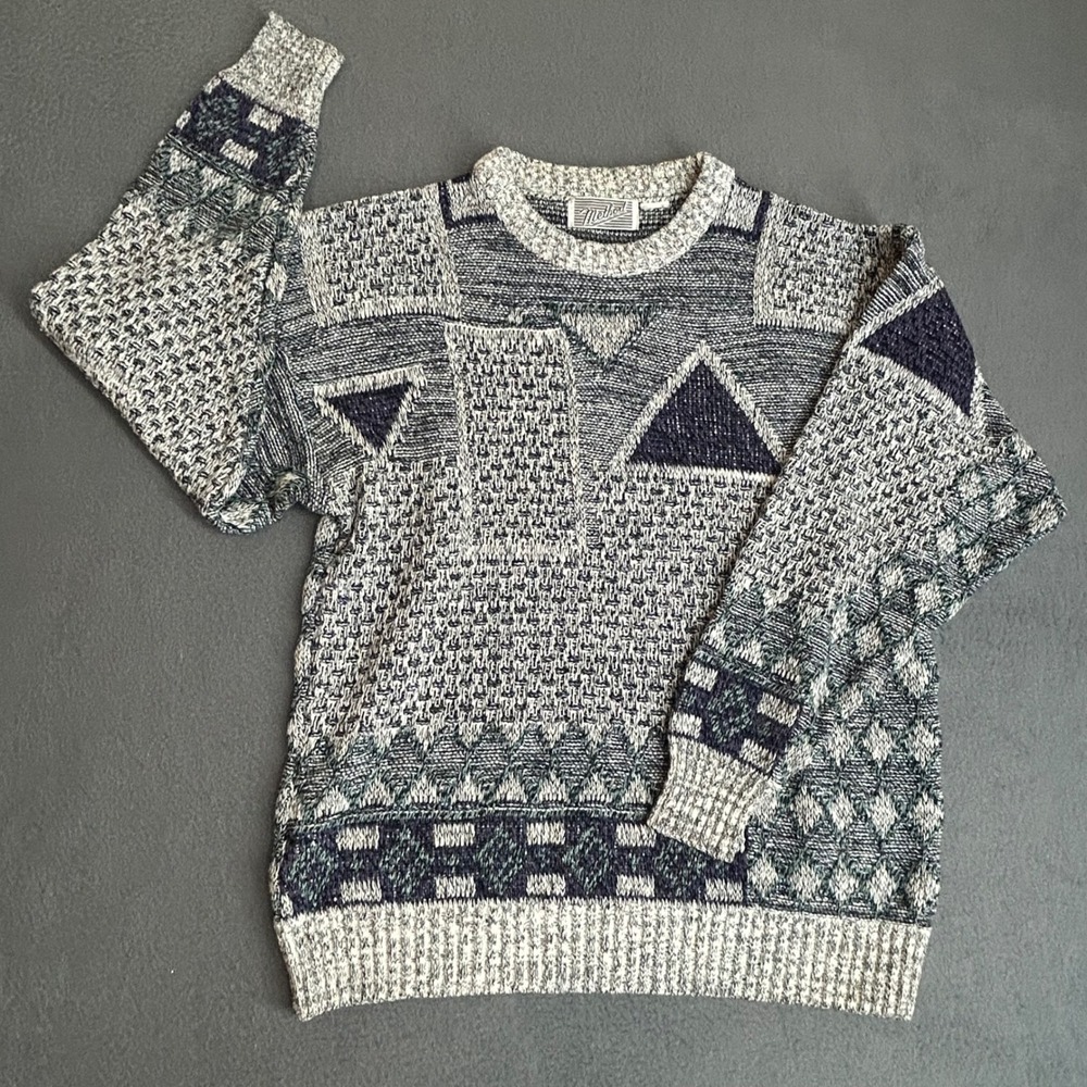 Method Sweater Mens Medium Blue Gray Geometric Abstract Knit Vintage Crewneck